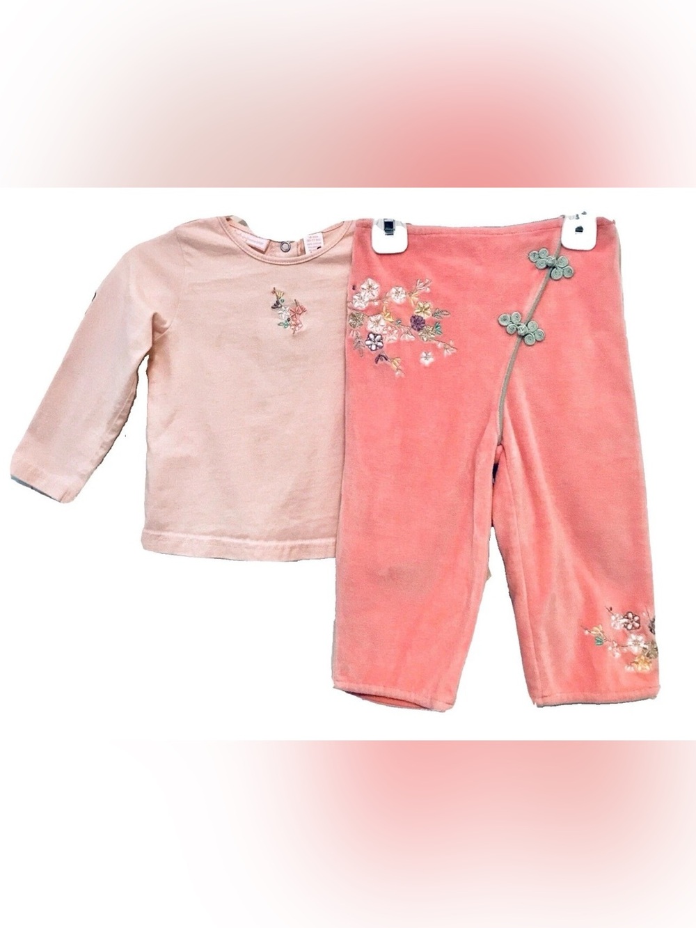 First Impressions Girls 18M Peachy Pink Floral Embroidered Soft Velour Pant Set